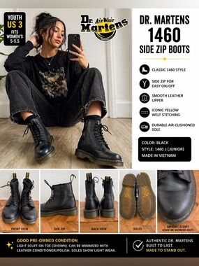 Dr. Martens 1460 Side Zip Boots Black Combat Youth US 3 Women’s 5